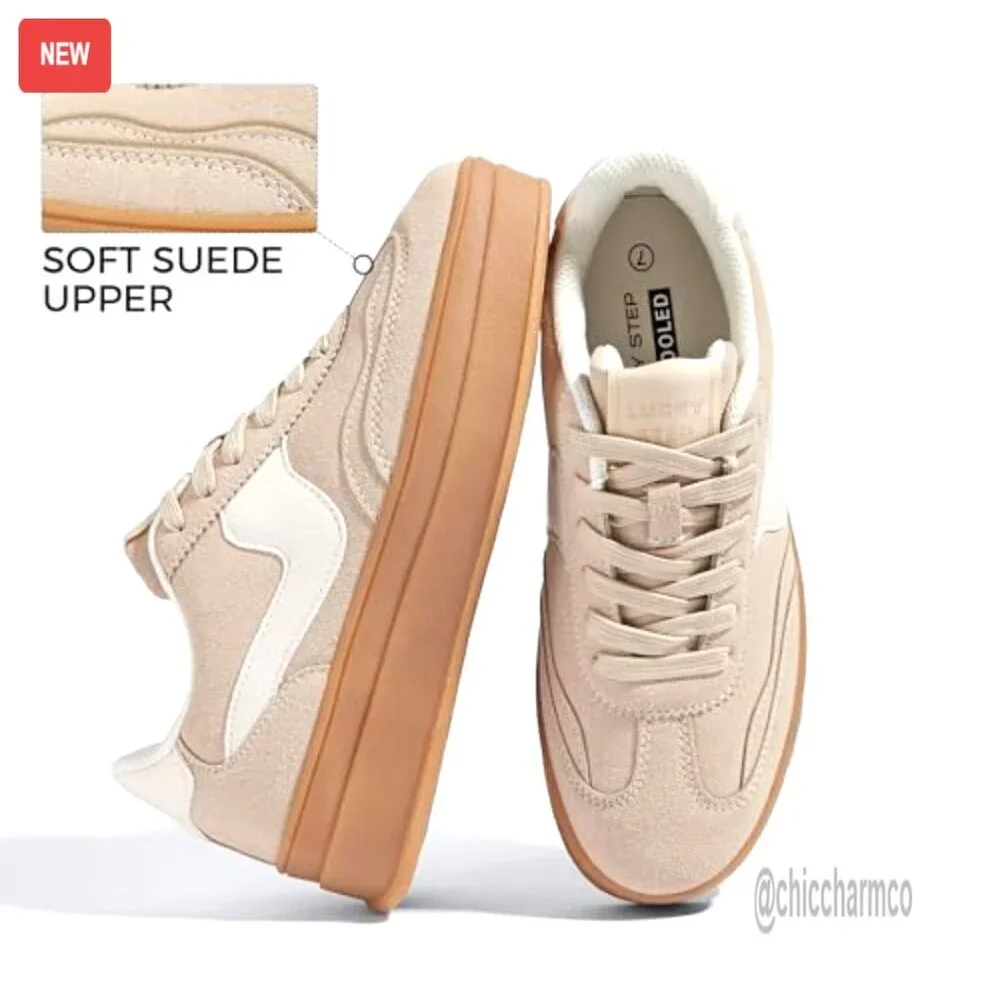 Platform Sneakers Thick Sole Suede Faux Leather Casual Walking Shoes - Picture 4 of 7